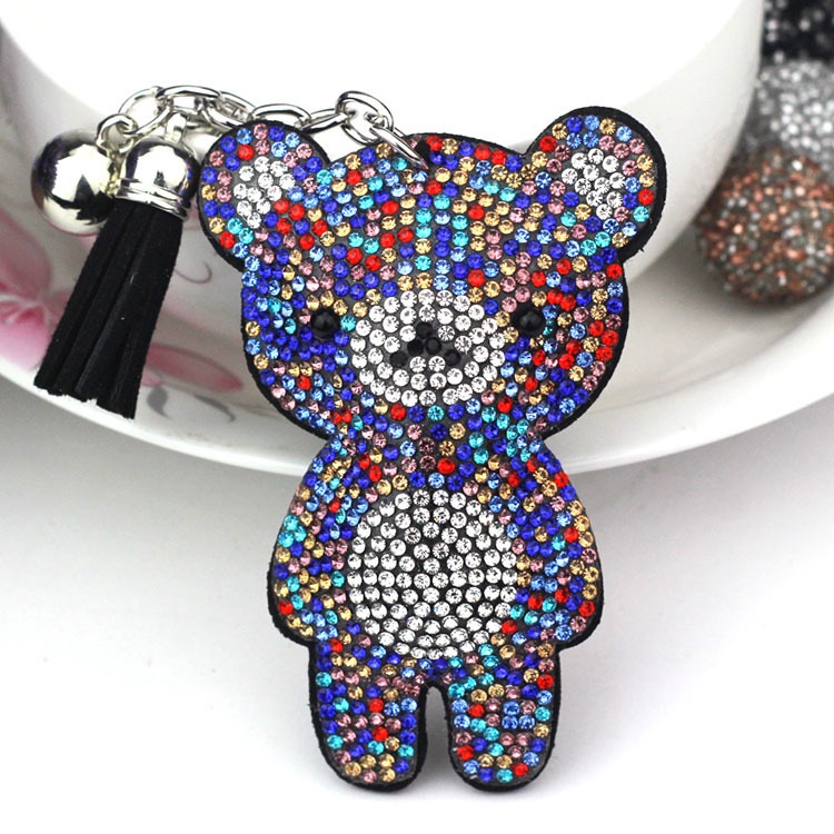 Multicolor Rhinestone Teddy Bear Keychain With Black Tassel